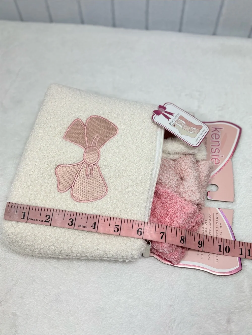 kensie Cream Cosmetic Pouch with Pink Bow & Blush 3 Pair Sock Set